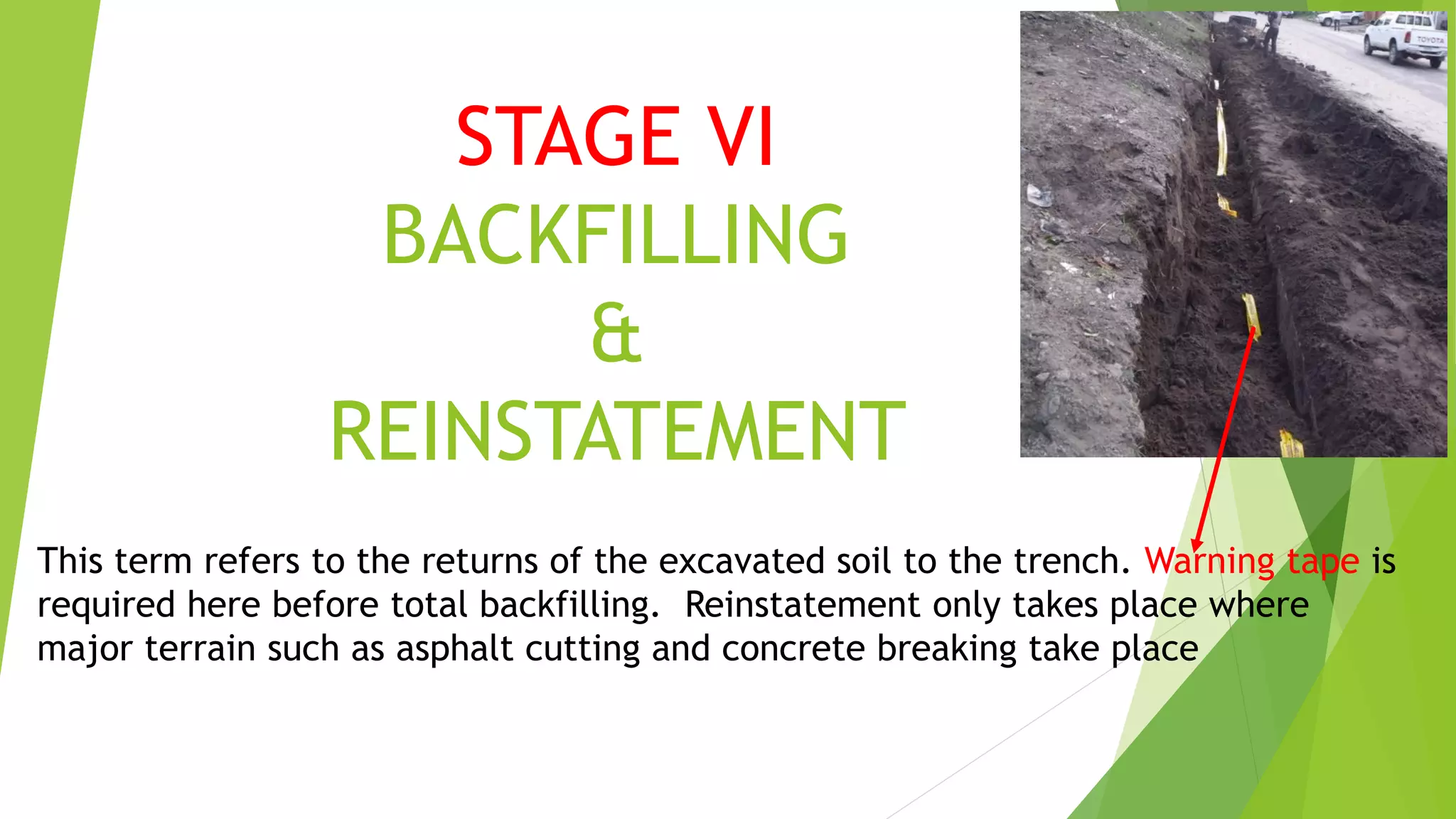 STAGE VI
BACKFILLING
&
REINSTATEMENT
This term refers to the returns of the excavated soil to the trench. Warning tape is
required here before total backfilling. Reinstatement only takes place where
major terrain such as asphalt cutting and concrete breaking take place
 