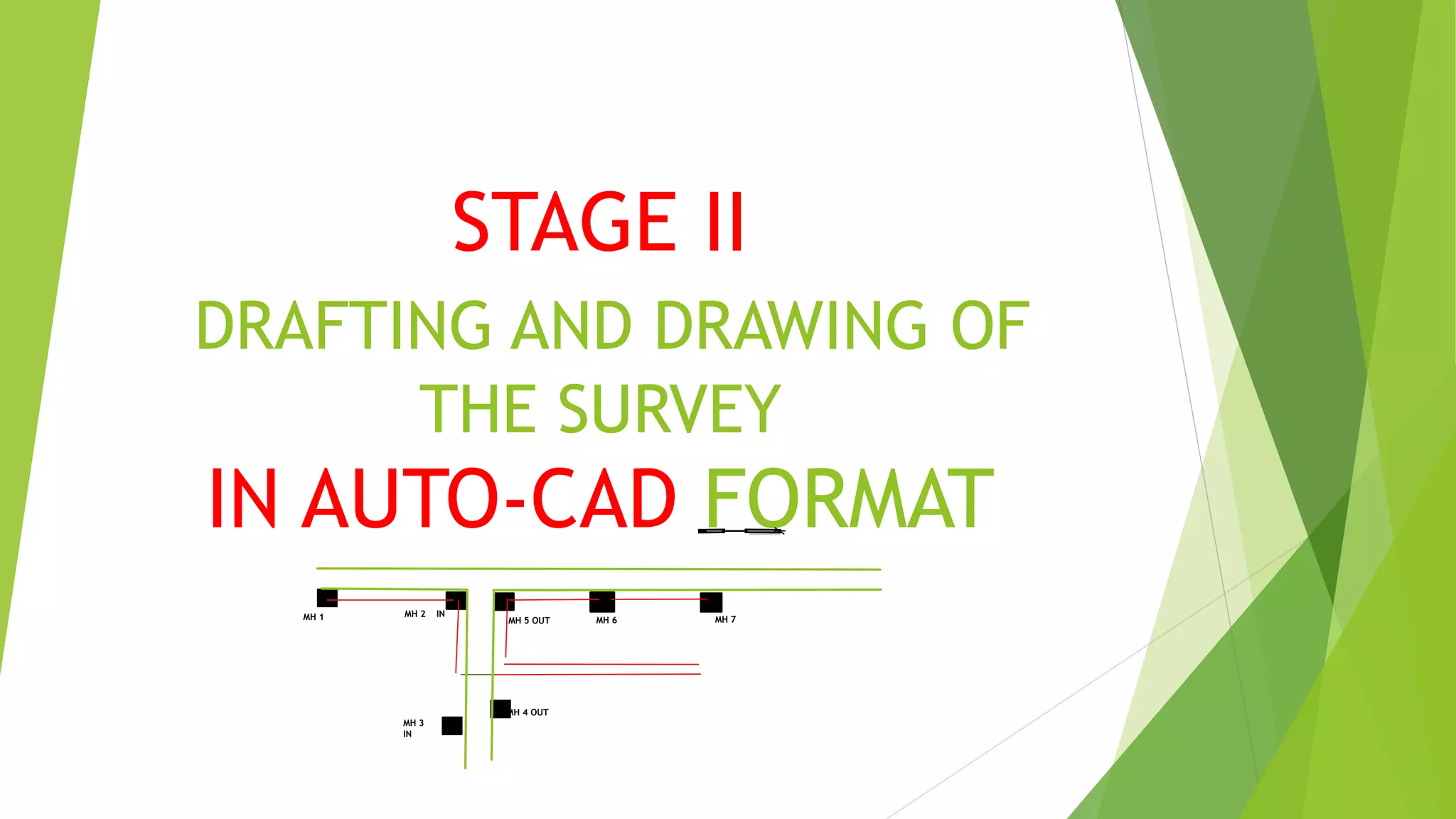 STAGE II
DRAFTING AND DRAWING OF
THE SURVEY
IN AUTO-CAD FORMAT
MH 1 MH 2 IN
MH 3
IN
MH 5 OUT
MH 4 OUT
MH 6 MH 7
 