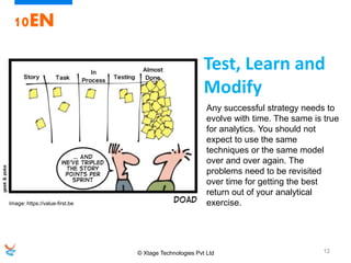 © Xtage Technologies Pvt Ltd 12
10EN
Any successful strategy needs to
evolve with time. The same is true
for analytics. You should not
expect to use the same
techniques or the same model
over and over again. The
problems need to be revisited
over time for getting the best
return out of your analytical
exercise.
Test, Learn and
Modify
Image: https://value-first.be
 