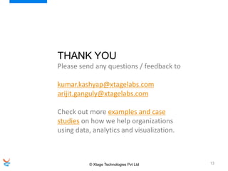 © Xtage Technologies Pvt Ltd 13
THANK YOU
Please send any questions / feedback to
kumar.kashyap@xtagelabs.com
arijit.ganguly@xtagelabs.com
Check out more examples and case
studies on how we help organizations
using data, analytics and visualization.
 