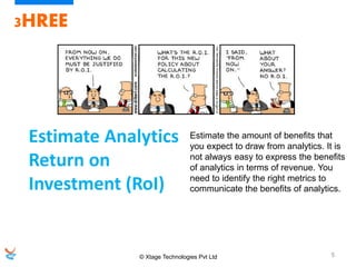 © Xtage Technologies Pvt Ltd 5
3HREE
Estimate the amount of benefits that
you expect to draw from analytics. It is
not always easy to express the benefits
of analytics in terms of revenue. You
need to identify the right metrics to
communicate the benefits of analytics.
Estimate Analytics
Return on
Investment (RoI)
 