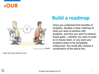 © Xtage Technologies Pvt Ltd 6
4OUR
Once you understand the benefits of
analytics, develop a clear roadmap of
what you want to achieve with
analytics, and how you want to achieve
those goals – whether you want to build
an in-house team, or you want your
analytics tasks to be completely
outsourced. You could also choose a
combination of the above two.
Build a roadmap
Image: http://www.claybennett.com/
 