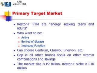 Primary Target Market
 Restor-F PTM are “energy seeking teens and
adults”
 Who want to be:
 Active
 Be free of disease
 Improved Function
 Can choose Centrum, Clusivol, Enervon, etc.
 Gap is all other brands focus on other vitamin
combinations and savings
 The market size is P2 Billion, Restor-F niche is P10
million
CJQV
ASM+PH 2012
 