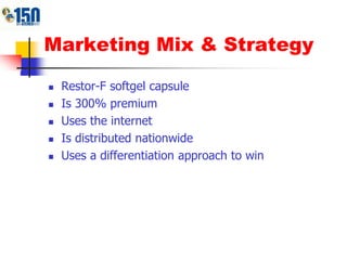 Marketing Mix & Strategy
 Restor-F softgel capsule
 Is 300% premium
 Uses the internet
 Is distributed nationwide
 Uses a differentiation approach to win
 