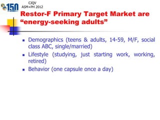 Restor-F Primary Target Market are
“energy-seeking adults”
 Demographics (teens & adults, 14-59, M/F, social
class ABC, single/married)
 Lifestyle (studying, just starting work, working,
retired)
 Behavior (one capsule once a day)
CJQV
ASM+PH 2012
 