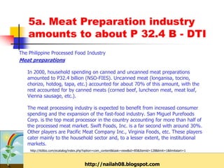 5a. Meat Preparation industry
    amounts to about P 32.4 B - DTI
The Philippine Processed Food Industry
Meat preparations

   In 2000, household spending on canned and uncanned meat preparations
   amounted to P32.4 billion (NSO-FIES). Uncanned meat (longanisa, tocino,
   chorizo, hotdog, tapa, etc.) accounted for about 70% of this amount, with the
   rest accounted for by canned meats (corned beef, luncheon meat, meat loaf,
   Vienna sausage, etc.).

   The meat processing industry is expected to benefit from increased consumer
   spending and the expansion of the fast-food industry. San Miguel Purefoods
   Corp. is the top meat processor in the country accounting for more than half of
   the processed meat market. Swift Foods, Inc. is a far second with around 30%.
   Other players are Pacific Meat Company Inc., Virginia Foods, etc. These players
   cater mainly to the household sector and, to a lesser extent, the institutional
   markets.
    http://itdibiz.com/ecatalog/index.php?option=com_content&task=view&id=85&Itemid=128&limit=1&limitstart=1



                                        http://nailah08.blogspot.com
 