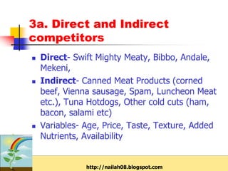 3a. Direct and Indirect
competitors
   Direct- Swift Mighty Meaty, Bibbo, Andale,
    Mekeni,
   Indirect- Canned Meat Products (corned
    beef, Vienna sausage, Spam, Luncheon Meat
    etc.), Tuna Hotdogs, Other cold cuts (ham,
    bacon, salami etc)
   Variables- Age, Price, Taste, Texture, Added
    Nutrients, Availability


               http://nailah08.blogspot.com
 