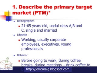 1. Describe the primary target
market (PTM)*
   Demographics
        21-65 years old, social class A,B and
         C, single and married
   Lifestyle
        Working, usually corporate
         employees, executives, young
         professionals
   Behavior

        Before going to work, during coffee
         breaks, during meetings – drink coffee to
            http://jemcaraig.blogspot.com
         boost energy
 