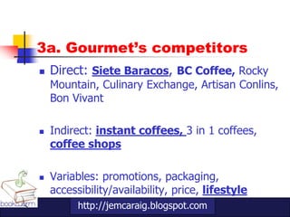 3a. Gourmet’s competitors
   Direct: Siete Baracos, BC Coffee, Rocky
    Mountain, Culinary Exchange, Artisan Conlins,
    Bon Vivant

   Indirect: instant coffees, 3 in 1 coffees,
    coffee shops

   Variables: promotions, packaging,
    accessibility/availability, price, lifestyle
          http://jemcaraig.blogspot.com
 