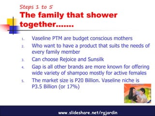 Steps 1 to 5
The family that shower
together…….
1.   Vaseline PTM are budget conscious mothers
2.   Who want to have a product that suits the needs of
     every family member
3.   Can choose Rejoice and Sunsilk
4.   Gap is all other brands are more known for offering
     wide variety of shampoo mostly for active females
5.   The market size is P20 Billion. Vaseline niche is
     P3.5 Billion (or 17%)




                www.slideshare.net/rgjardin
 