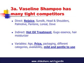 3a. Vaseline Shampoo has
many tight competitors
   Direct: Rejoice, Sunsilk, Head & Shoulders,
    Palmolive, Pantene, Loreal, Dove

   Indirect: Hot Oil Treatment, Gugo essence, hair
    moisturizer

   Variables: Age, Price, packaging, different
    categories, availability, mild and gentle to use




                 www.slideshare.net/rgjardin
 
