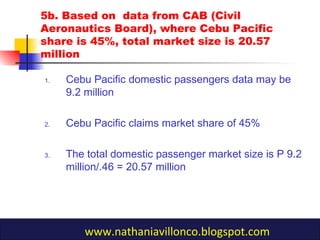 5b. Based on data from CAB (Civil
Aeronautics Board), where Cebu Pacific
share is 45%, total market size is 20.57
million
1. Cebu Pacific domestic passengers data may be
9.2 million
2. Cebu Pacific claims market share of 45%
3. The total domestic passenger market size is P 9.2
million/.46 = 20.57 million
www.nathaniavillonco.blogspot.com
 