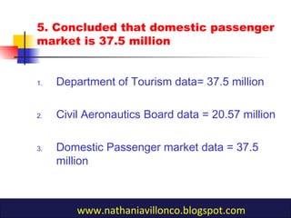 5. Concluded that domestic passenger
market is 37.5 million
1. Department of Tourism data= 37.5 million
2. Civil Aeronautics Board data = 20.57 million
3. Domestic Passenger market data = 37.5
million
www.nathaniavillonco.blogspot.com
 