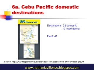 6a. Cebu Pacific domestic
destinations
www.nathaniavillonco.blogspot.com
Destinations: 32 domestic
19 international
Fleet: 41
Source: http://www.rappler.com/business/18371-low-cost-carriers-drive-aviation-growth
 