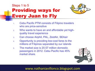 1. Cebu Pacific PTM consists of Filipino travelers
who are price-sensitive
2. Who wants to have an and affordable yet high-
quality travel experience
3. Can choose Airphil, PAL, ZestAir, SEAair
4. Opportunity is providing low-cost fares to the
millions of Filipinos separated by our islands
5. The market size is 20.57 million domestic
passengers in 2012. Cebu Pacific has 45%
market share.
Steps 1 to 5
Providing ways for
Every Juan to Fly
www.nathaniavillonco.blogspot.com
 