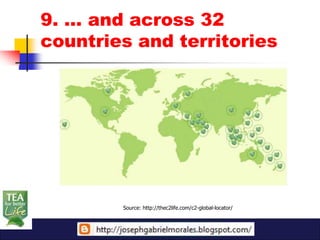 9. … and across 32
countries and territories




        Source: http://thec2life.com/c2-global-locator/
 