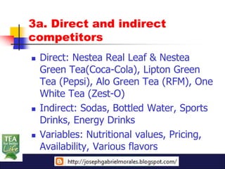 3a. Direct and indirect
competitors
   Direct: Nestea Real Leaf & Nestea
    Green Tea(Coca-Cola), Lipton Green
    Tea (Pepsi), Alo Green Tea (RFM), One
    White Tea (Zest-O)
   Indirect: Sodas, Bottled Water, Sports
    Drinks, Energy Drinks
   Variables: Nutritional values, Pricing,
    Availability, Various flavors
 