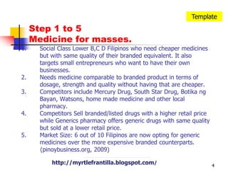 4TemplateStep 1 to 5Medicine for masses.Social Class Lower B,C D Filipinos who need cheaper medicines but with same quality of their branded equivalent. It also targets small entrepreneurs who want to have their own businesses.Needs medicine comparable to branded product in terms of dosage, strength and quality without having that are cheaper.Competitors include Mercury Drug, South Star Drug, BotikangBayan, Watsons, home made medicine and other local pharmacy.Competitors Sell branded/listed drugs with a higher retail price while Generics pharmacy offers generic drugs with same quality but sold at a lower retail price.Market Size: 6 out of 10 Filipinos are now opting for generic medicines over the more expensive branded counterparts.          (pinoybusiness.org, 2009)http://myrtlefrantilla.blogspot.com/http://myrtlefrantilla.blogspot.com/