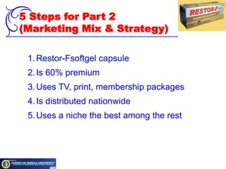 5 Steps for Part 2(Marketing Mix & Strategy)Restor-Fsoftgel capsuleIs 60% premiumUses TV, print, membership packagesIs distributed nationwideUses a niche the best among the rest  