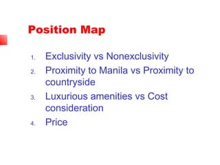Position Map
1. Exclusivity vs Nonexclusivity
2. Proximity to Manila vs Proximity to
countryside
3. Luxurious amenities vs Cost
consideration
4. Price
 
