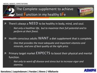 PRIMARY TARGET MARKETFor theEnergy-seeking adultsLifestyle:in their prime; active and accomplished adults; health conscious adults who wants to fight off diseases and who wants more out of life