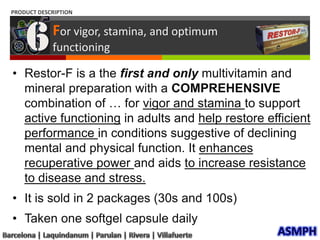 MARKET SIZE (COMPANY DATA)Folares data: Restor-F is  Php 1.5 B of the total market sizeRESTOR-Fis approximately 25% of entire product volume of the company which also handles the distribution and marketing of two other products (Folart and Restor Big)