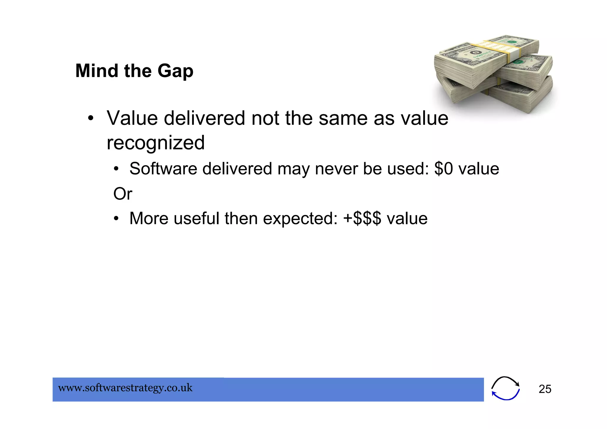 Mind the Gap

     •  Value delivered not the same as value
        recognized
          •  Software delivered may never be used: $0 value
          Or
          •  More useful then expected: +$$$ value




www.softwarestrategy.co.uk                                    25
 