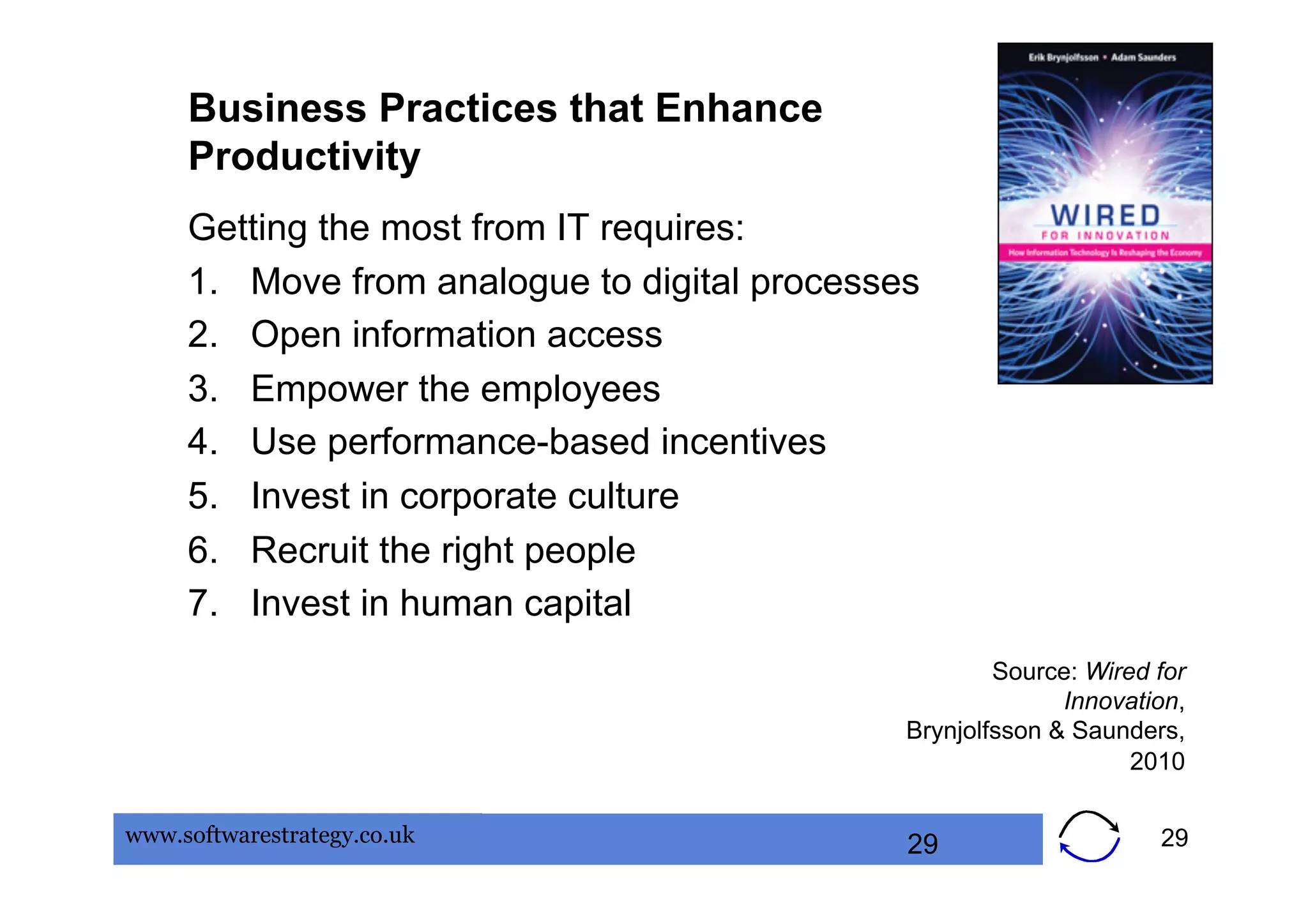 Business Practices that Enhance
     Productivity
     Getting the most from IT requires:
     1.  Move from analogue to digital processes
     2.  Open information access
     3.  Empower the employees
     4.  Use performance-based incentives
     5.  Invest in corporate culture
     6.  Recruit the right people
     7.  Invest in human capital
                                                       Source: Wired for
                                                             Innovation,
                                               Brynjolfsson & Saunders,
                                                                   2010

www.softwarestrategy.co.uk                     29                    29
 