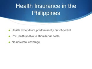 Health Insurance in the PhilippinesHealth expenditure predominantly out-of-pocketPhilHealth unable to shoulder all costsNo universal coverage