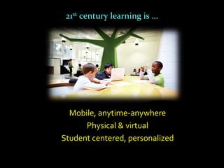 21st century learning is …




  Mobile, anytime-anywhere
      Physical & virtual
Student centered, personalized
 