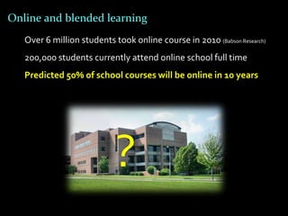 Online and blended learning
   Over 6 million students took online course in 2010 (Babson Research)
   200,000 students currently attend online school full time
   Predicted 50% of school courses will be online in 10 years




                            ?
 