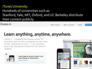 iTunes University
Hundreds of universities such as
Stanford, Yale, MIT, Oxford, and UC Berkeley distribute
their content publicly
 