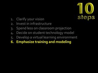 1.   Clarify your vision
2.   Invest in infrastructure
3.   Spend less on classroom projection
4.   Decide on student technology model
5.   Develop a virtual learning environment
6.   Emphasize training and modeling
 
