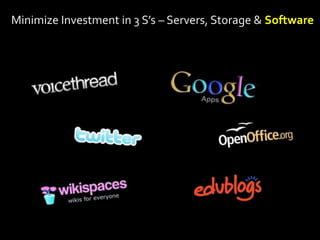 Minimize Investment in 3 S’s – Servers, Storage & Software
 