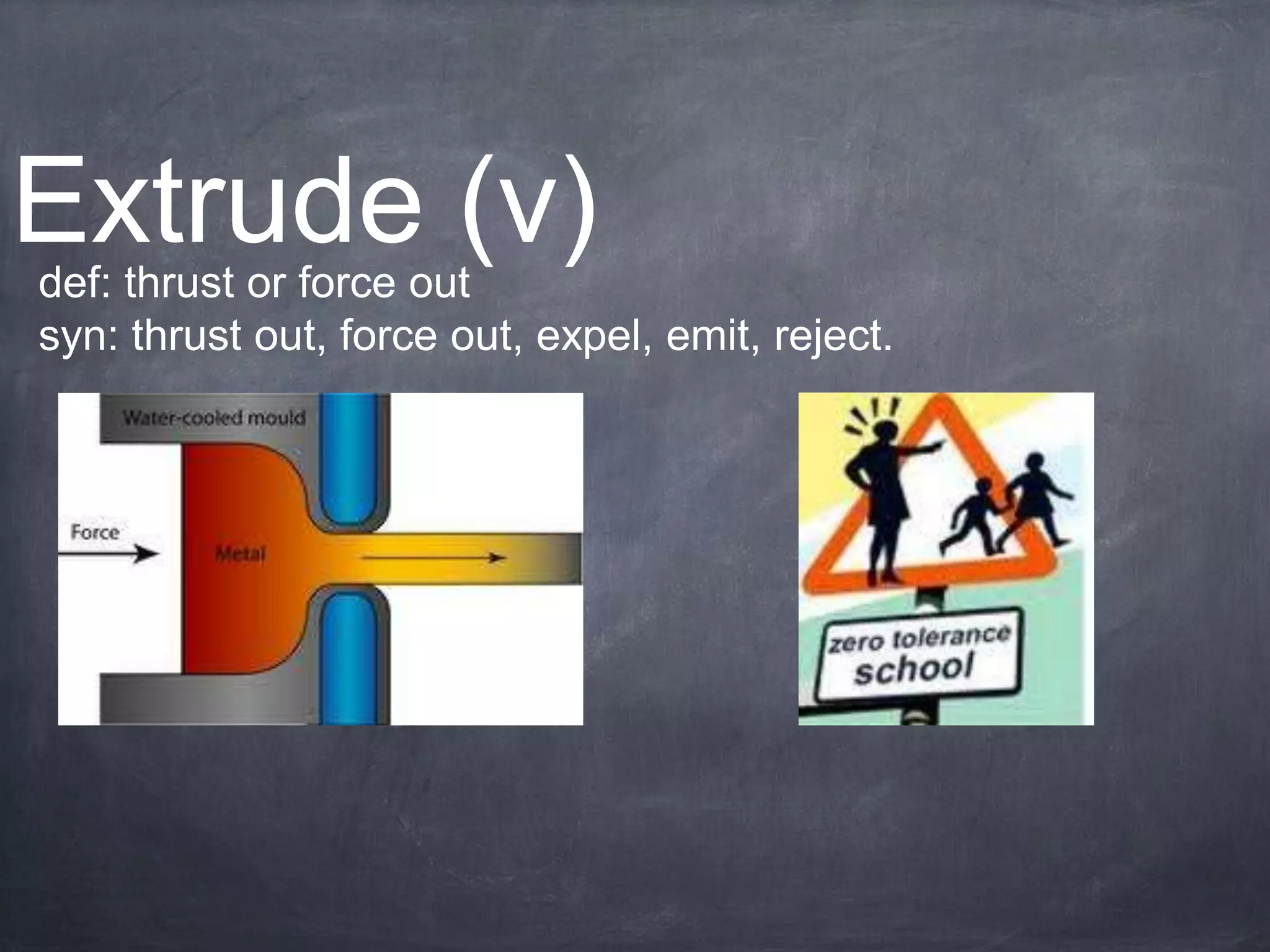 Extrude (v)
def: thrust or force out
syn: thrust out, force out, expel, emit, reject.
 