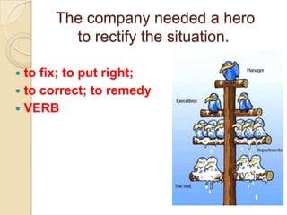 The company needed a hero
        to rectify the situation.

 to fix; to put right;
 to correct; to remedy
 VERB
 