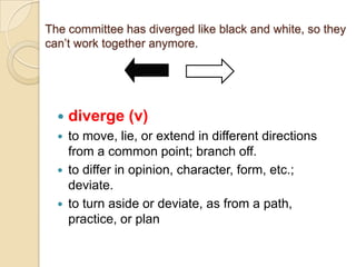 The committee has diverged like black and white, so they
can’t work together anymore.




     diverge (v)
     to move, lie, or extend in different directions
      from a common point; branch off.
     to differ in opinion, character, form, etc.;
      deviate.
     to turn aside or deviate, as from a path,
      practice, or plan
 