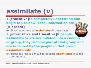 assimilate (v)
1.[transitive]to completely understand and
begin to use new ideas, information etc
[= absorb]
ex. It will take time to assimilate all these facts.
2.[intransitive and transitive]if people
assimilate or are assimilated into a country
or group, they become part of that group and
are accepted by the people in that group
assimilate into
ex. Refugees find it difficult to become assimilated into the
    community.

http://vocabmadeeasy.com/2012/07/assimilate/
 