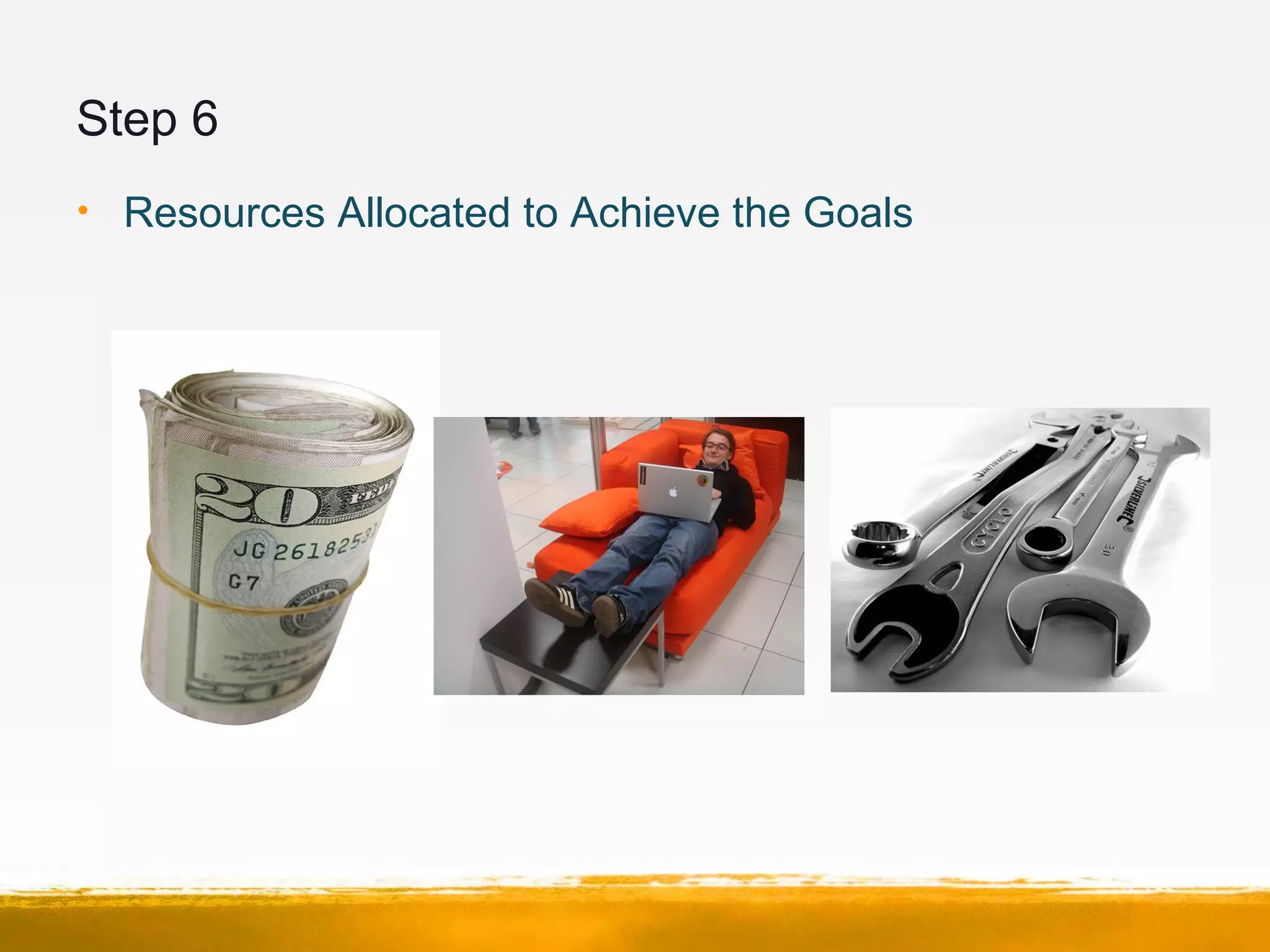 Step 6
• Resources Allocated to Achieve the Goals
 