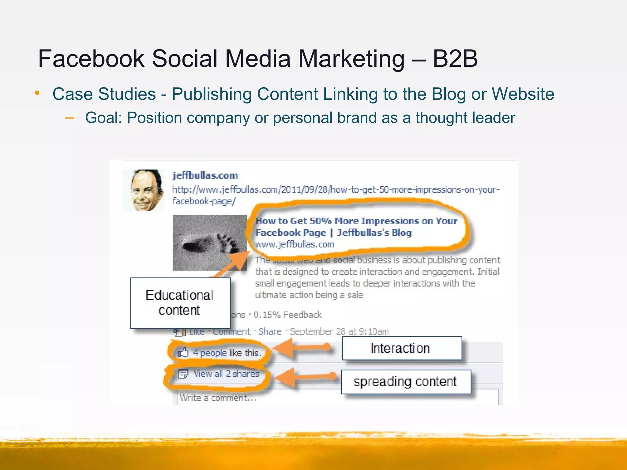 Facebook Social Media Marketing – B2B
• Case Studies - Publishing Content Linking to the Blog or Website
– Goal: Position company or personal brand as a thought leader
 