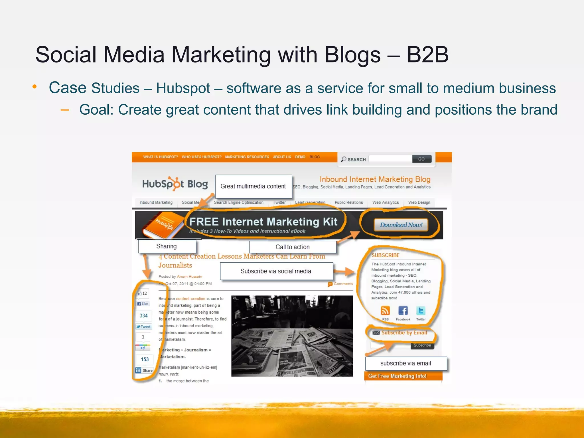 Social Media Marketing with Blogs – B2B
• Case Studies – Hubspot – software as a service for small to medium business
– Goal: Create great content that drives link building and positions the brand
 
