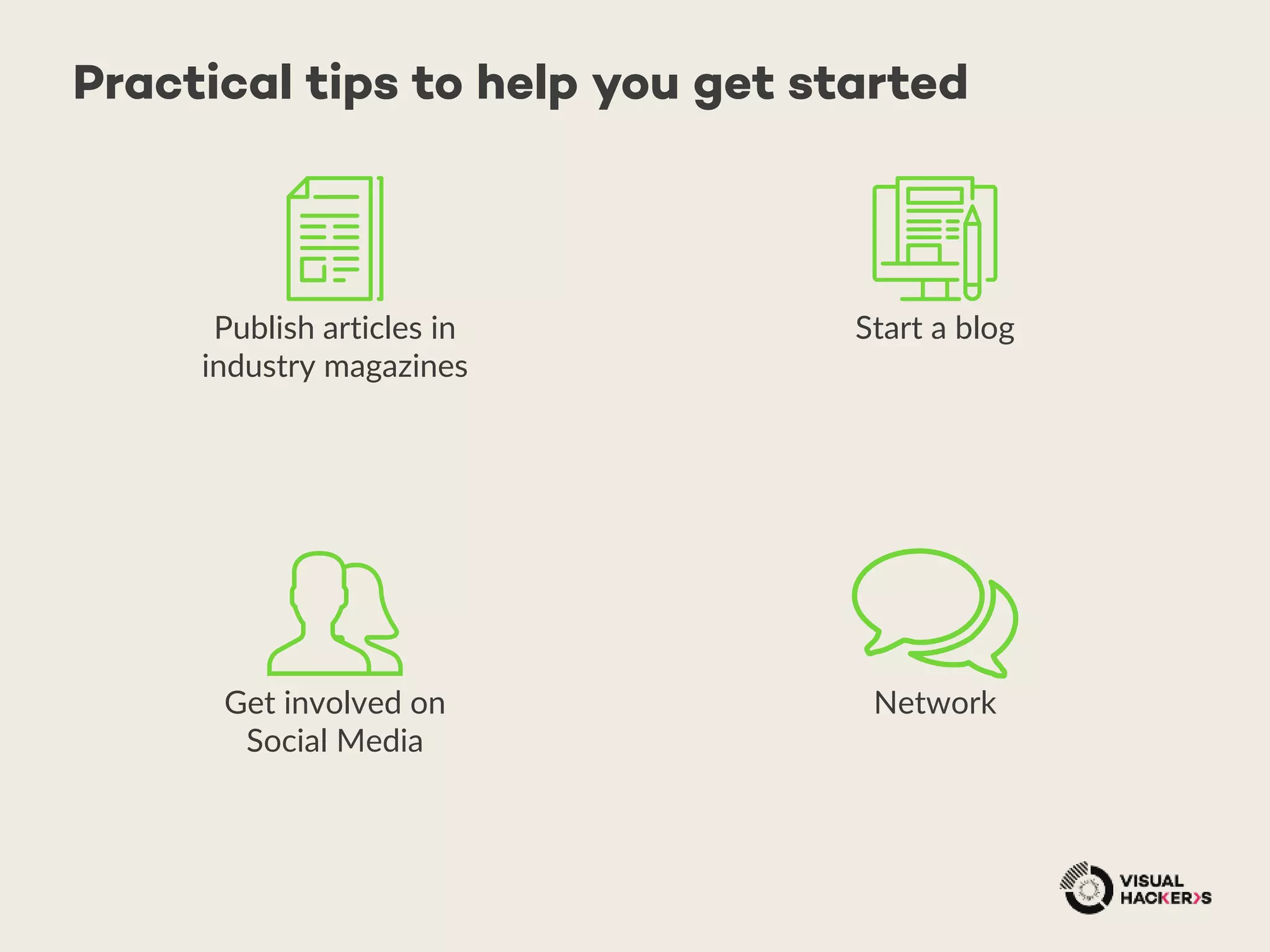 Practical tips to help you get started
Publish articles in
industry magazines
Start a blog
Get involved on
Social Media
Network
 
