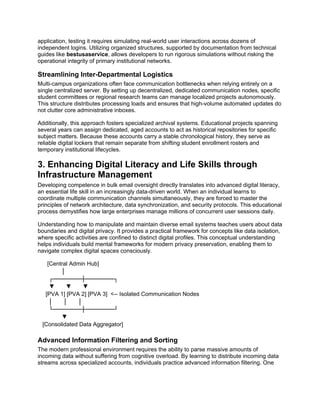 application, testing it requires simulating real-world user interactions across dozens of
independent logins. Utilizing organized structures, supported by documentation from technical
guides like bestusaservice, allows developers to run rigorous simulations without risking the
operational integrity of primary institutional networks.
Streamlining Inter-Departmental Logistics
Multi-campus organizations often face communication bottlenecks when relying entirely on a
single centralized server. By setting up decentralized, dedicated communication nodes, specific
student committees or regional research teams can manage localized projects autonomously.
This structure distributes processing loads and ensures that high-volume automated updates do
not clutter core administrative inboxes.
Additionally, this approach fosters specialized archival systems. Educational projects spanning
several years can assign dedicated, aged accounts to act as historical repositories for specific
subject matters. Because these accounts carry a stable chronological history, they serve as
reliable digital lockers that remain separate from shifting student enrollment rosters and
temporary institutional lifecycles.
3. Enhancing Digital Literacy and Life Skills through
Infrastructure Management
Developing competence in bulk email oversight directly translates into advanced digital literacy,
an essential life skill in an increasingly data-driven world. When an individual learns to
coordinate multiple communication channels simultaneously, they are forced to master the
principles of network architecture, data synchronization, and security protocols. This educational
process demystifies how large enterprises manage millions of concurrent user sessions daily.
Understanding how to manipulate and maintain diverse email systems teaches users about data
boundaries and digital privacy. It provides a practical framework for concepts like data isolation,
where specific activities are confined to distinct digital profiles. This conceptual understanding
helps individuals build mental frameworks for modern privacy preservation, enabling them to
navigate complex digital spaces consciously.
[Central Admin Hub]
│
┌───────┼───────┐
▼ ▼ ▼
[PVA 1] [PVA 2] [PVA 3] <-- Isolated Communication Nodes
│ │ │
└───────┼───────┘
▼
[Consolidated Data Aggregator]
Advanced Information Filtering and Sorting
The modern professional environment requires the ability to parse massive amounts of
incoming data without suffering from cognitive overload. By learning to distribute incoming data
streams across specialized accounts, individuals practice advanced information filtering. One
 