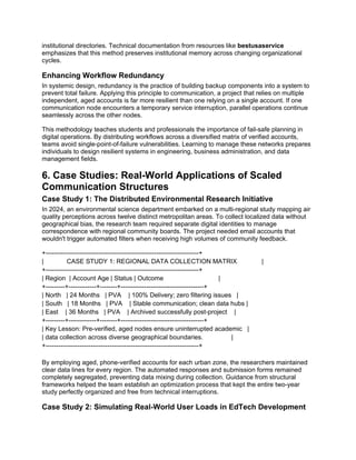 institutional directories. Technical documentation from resources like bestusaservice
emphasizes that this method preserves institutional memory across changing organizational
cycles.
Enhancing Workflow Redundancy
In systemic design, redundancy is the practice of building backup components into a system to
prevent total failure. Applying this principle to communication, a project that relies on multiple
independent, aged accounts is far more resilient than one relying on a single account. If one
communication node encounters a temporary service interruption, parallel operations continue
seamlessly across the other nodes.
This methodology teaches students and professionals the importance of fail-safe planning in
digital operations. By distributing workflows across a diversified matrix of verified accounts,
teams avoid single-point-of-failure vulnerabilities. Learning to manage these networks prepares
individuals to design resilient systems in engineering, business administration, and data
management fields.
6. Case Studies: Real-World Applications of Scaled
Communication Structures
Case Study 1: The Distributed Environmental Research Initiative
In 2024, an environmental science department embarked on a multi-regional study mapping air
quality perceptions across twelve distinct metropolitan areas. To collect localized data without
geographical bias, the research team required separate digital identities to manage
correspondence with regional community boards. The project needed email accounts that
wouldn't trigger automated filters when receiving high volumes of community feedback.
+------------------------------------------------------------------------+
| CASE STUDY 1: REGIONAL DATA COLLECTION MATRIX |
+------------------------------------------------------------------------+
| Region | Account Age | Status | Outcome |
+---------+-------------+--------+---------------------------------------+
| North | 24 Months | PVA | 100% Delivery; zero filtering issues |
| South | 18 Months | PVA | Stable communication; clean data hubs |
| East | 36 Months | PVA | Archived successfully post-project |
+---------+-------------+--------+---------------------------------------+
| Key Lesson: Pre-verified, aged nodes ensure uninterrupted academic |
| data collection across diverse geographical boundaries. |
+------------------------------------------------------------------------+
By employing aged, phone-verified accounts for each urban zone, the researchers maintained
clear data lines for every region. The automated responses and submission forms remained
completely segregated, preventing data mixing during collection. Guidance from structural
frameworks helped the team establish an optimization process that kept the entire two-year
study perfectly organized and free from technical interruptions.
Case Study 2: Simulating Real-World User Loads in EdTech Development
 