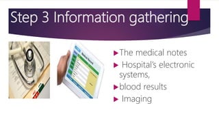 Step 3 Information gathering
The medical notes
 Hospital’s electronic
systems,
blood results
 Imaging
 