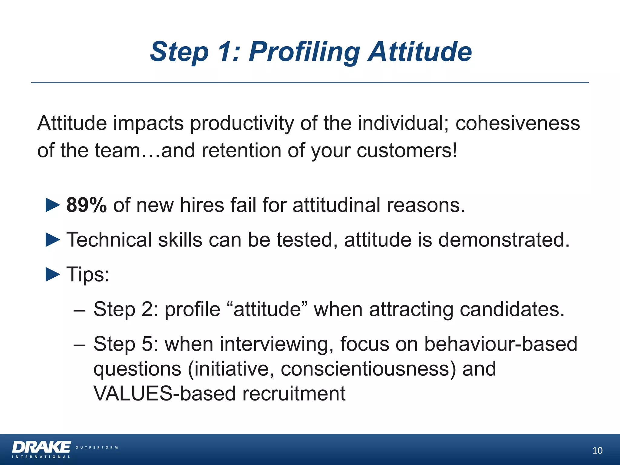 Step 1: Profiling Attitude
10
Attitude impacts productivity of the individual; cohesiveness
of the team…and retention of your customers!
►89% of new hires fail for attitudinal reasons.
►Technical skills can be tested, attitude is demonstrated.
►Tips:
– Step 2: profile “attitude” when attracting candidates.
– Step 5: when interviewing, focus on behaviour-based
questions (initiative, conscientiousness) and
VALUES-based recruitment
 