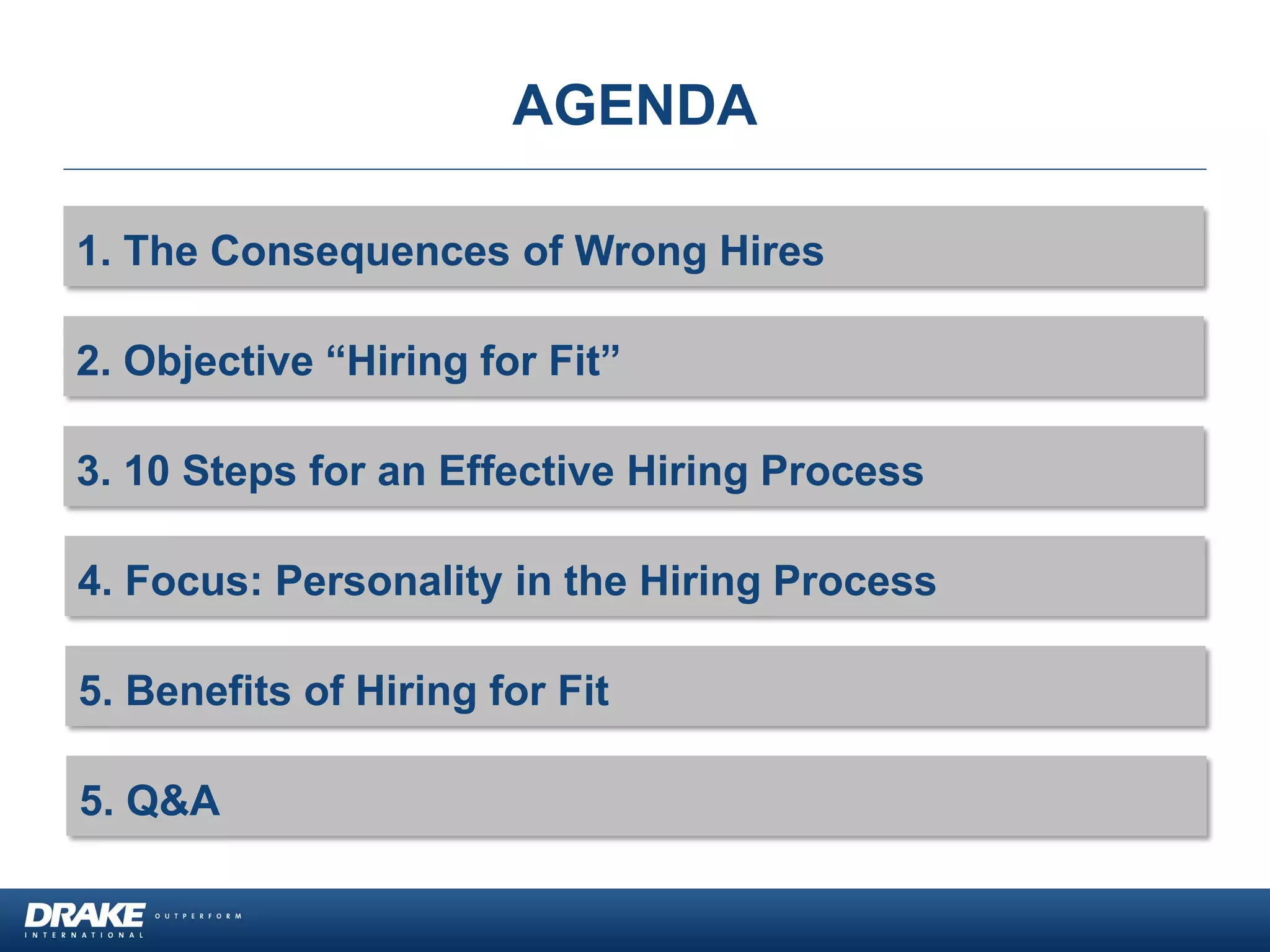 AGENDA
2. Objective “Hiring for Fit”
3. 10 Steps for an Effective Hiring Process
5. Benefits of Hiring for Fit
5. Q&A
1. The Consequences of Wrong Hires
4. Focus: Personality in the Hiring Process
 