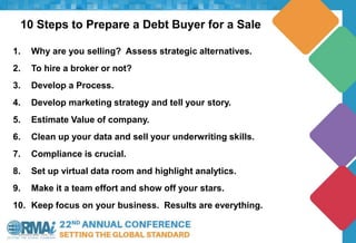 10 Steps to Prepare a Debt Buyer for a Sale
1. Why are you selling? Assess strategic alternatives.
2. To hire a broker or ...