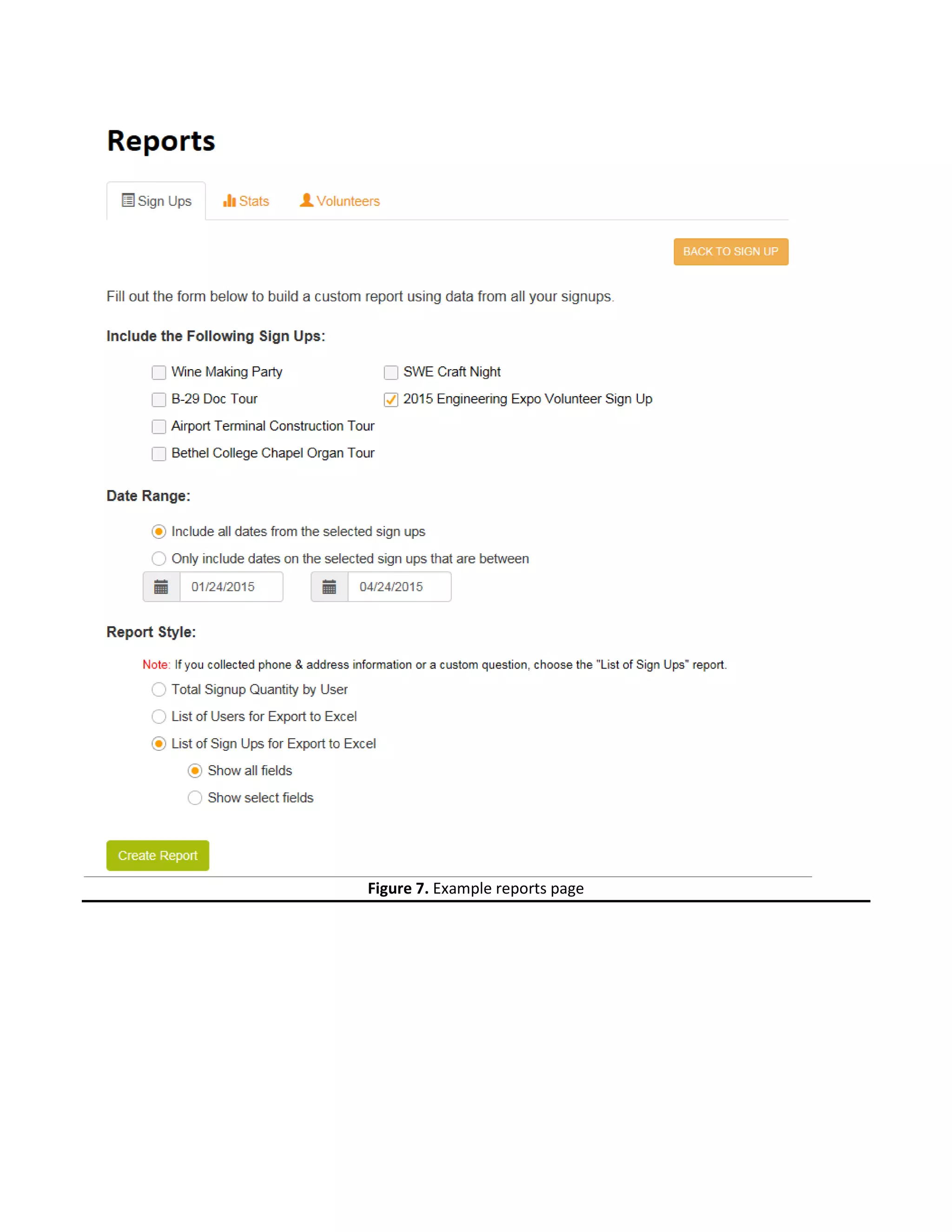 Figure 7. Example reports page
 