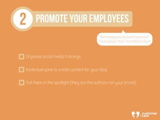 2 PROMOTE YOUR EMPLOYEES
100 employees accounts have a lot
more power than 1 branded account
Organize social media trainin...